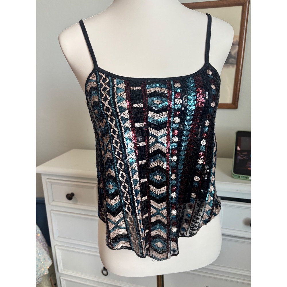 y2k Sequin Cami Party Top Rue21 Geometric boho Tribal Sparkly Festival Tank Teal